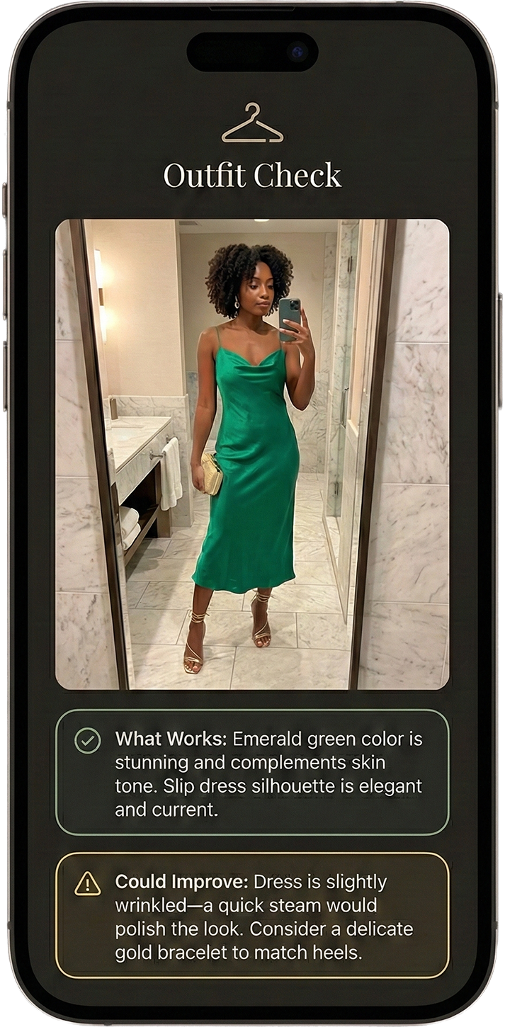 Outfit Check app showing outfit feedback